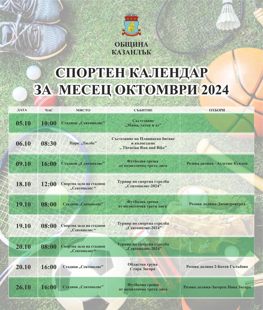 Разнообразни спортни събития ще се състоят в Казанлък през октомври