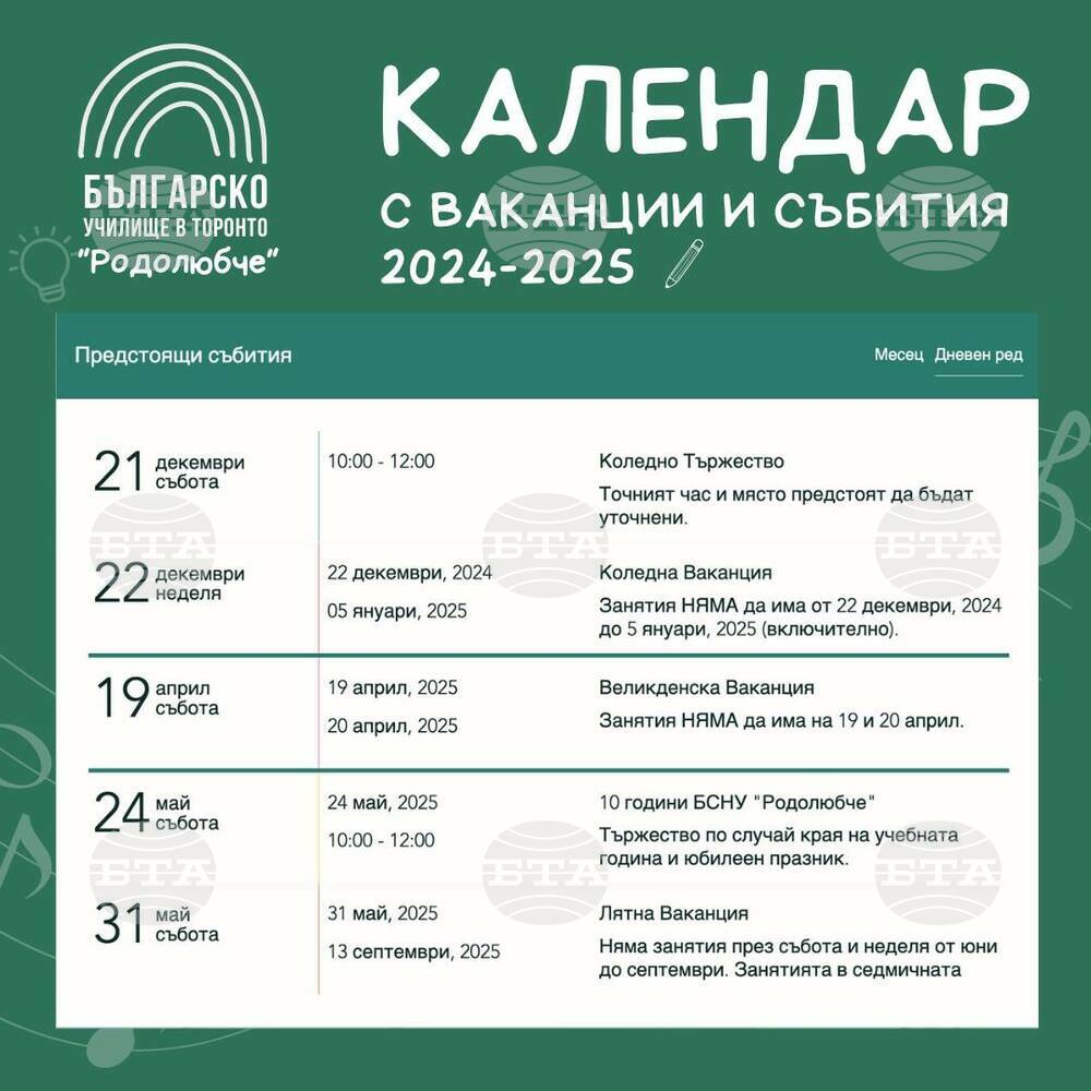 Представиха календар с предстоящите ваканции и събития в училище „Родолюбче“ в Торонто