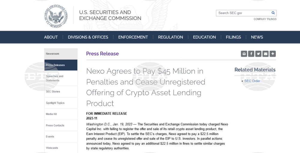 Nexo Agrees to USD 45 Mln Settlement with US Securities and Exchange Commission
